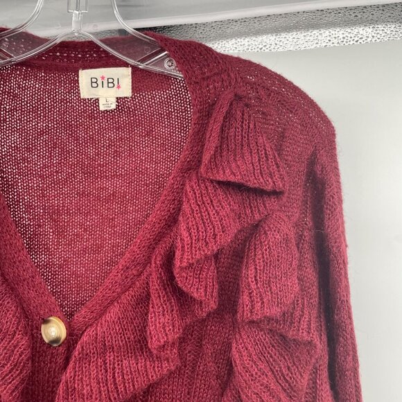 BiBi Women's Ruffle Button Up Cardigan Long Sleeve Maroon Large Lightweight - Picture 4 of 9